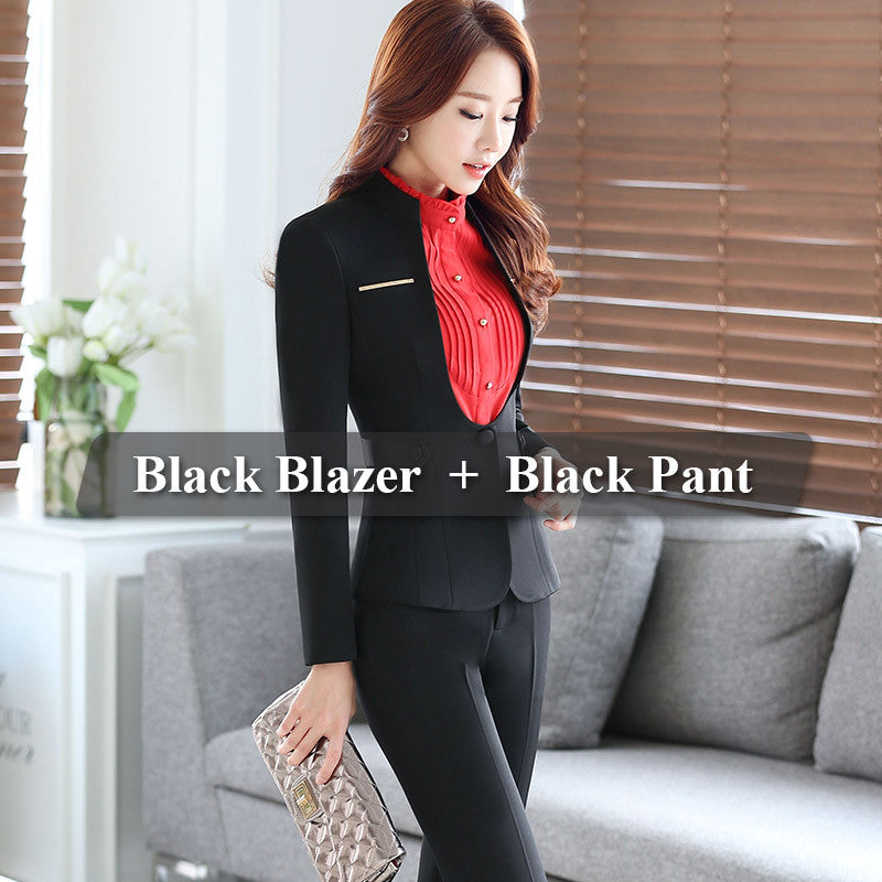 Metal Decoration V-Neck Collar 2Piece Business Formal Suits for Women