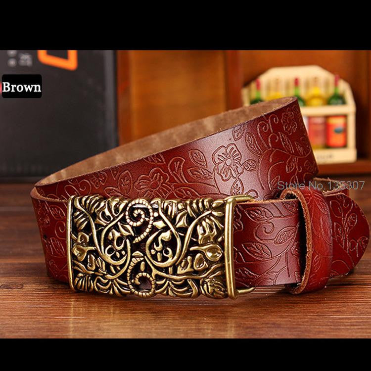 Genuine Leather Vintage Floral Metal Buckle Belt For Women