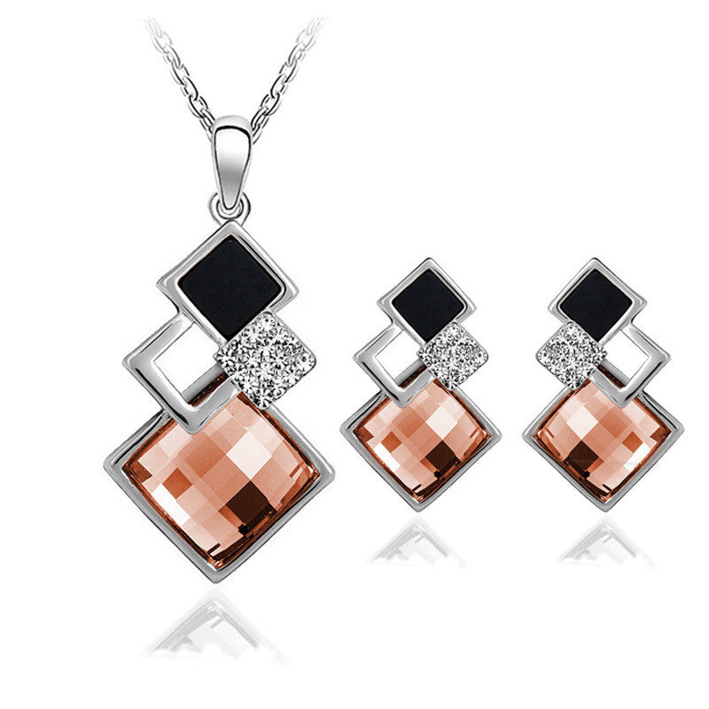 Geometry Square Wedding Jewerly Sets With Blue Crystal Necklaces Earrings