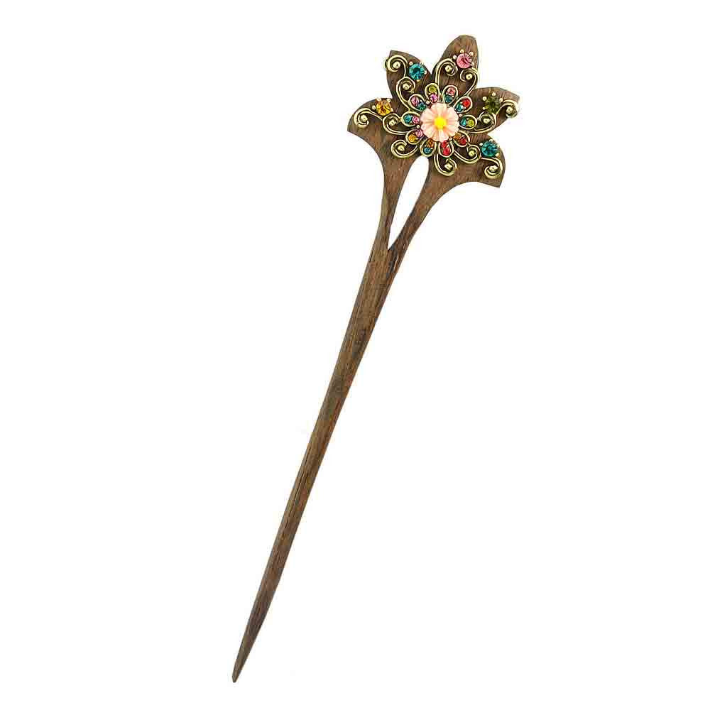 Vintage Style Wood With Colorful Rhinestone Hairpin