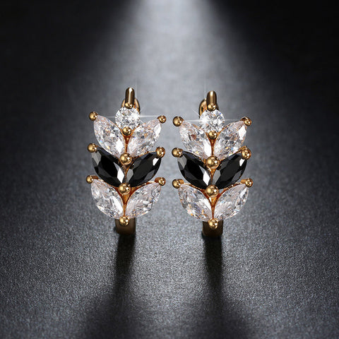 Trendy Leaf Design Black&Clear Marquise Cut Zircon Earrings