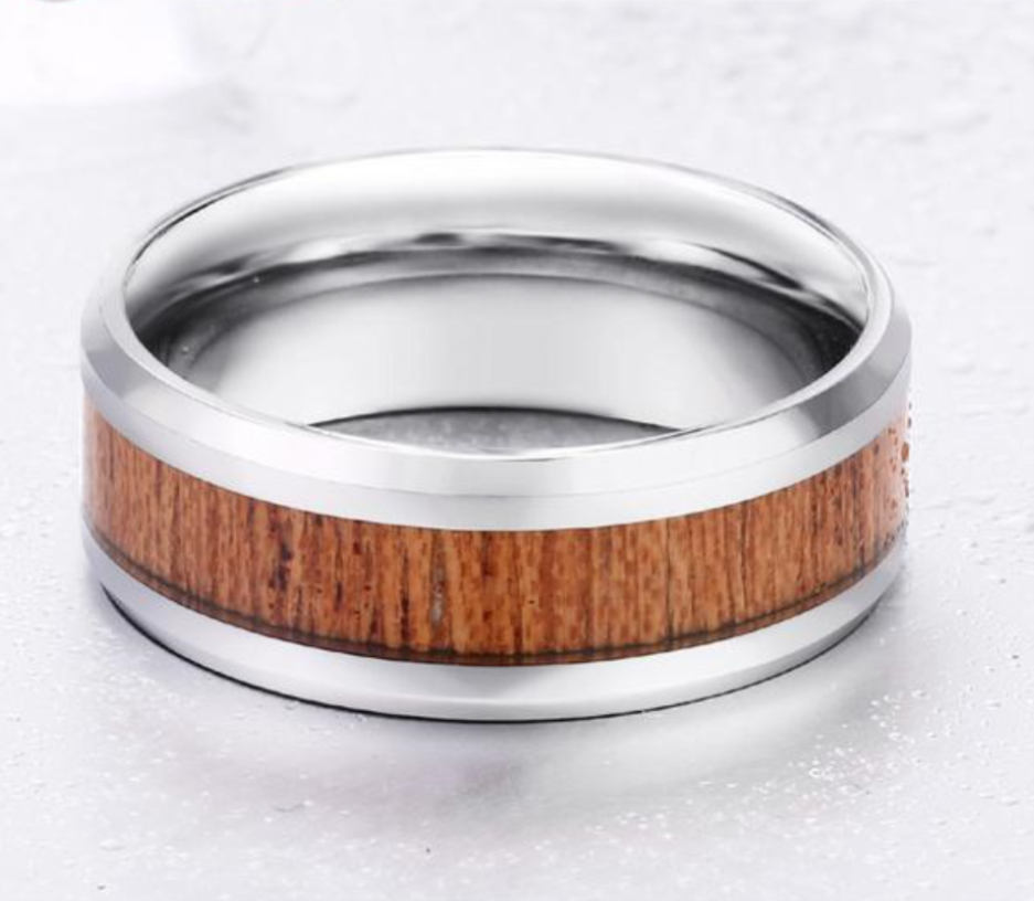 Steel-Black Dark Red Wood Inlay Inside Unique Fashion Ring For Men mj-