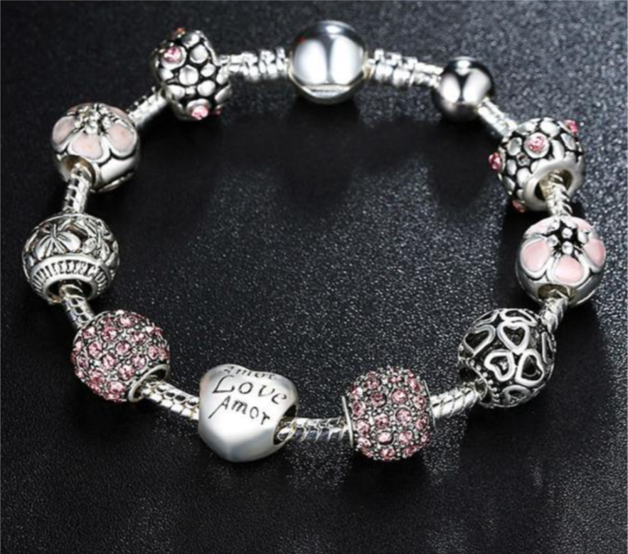 Antique Silver Charm Bracelets with Love and Flower Crystal Ball Women