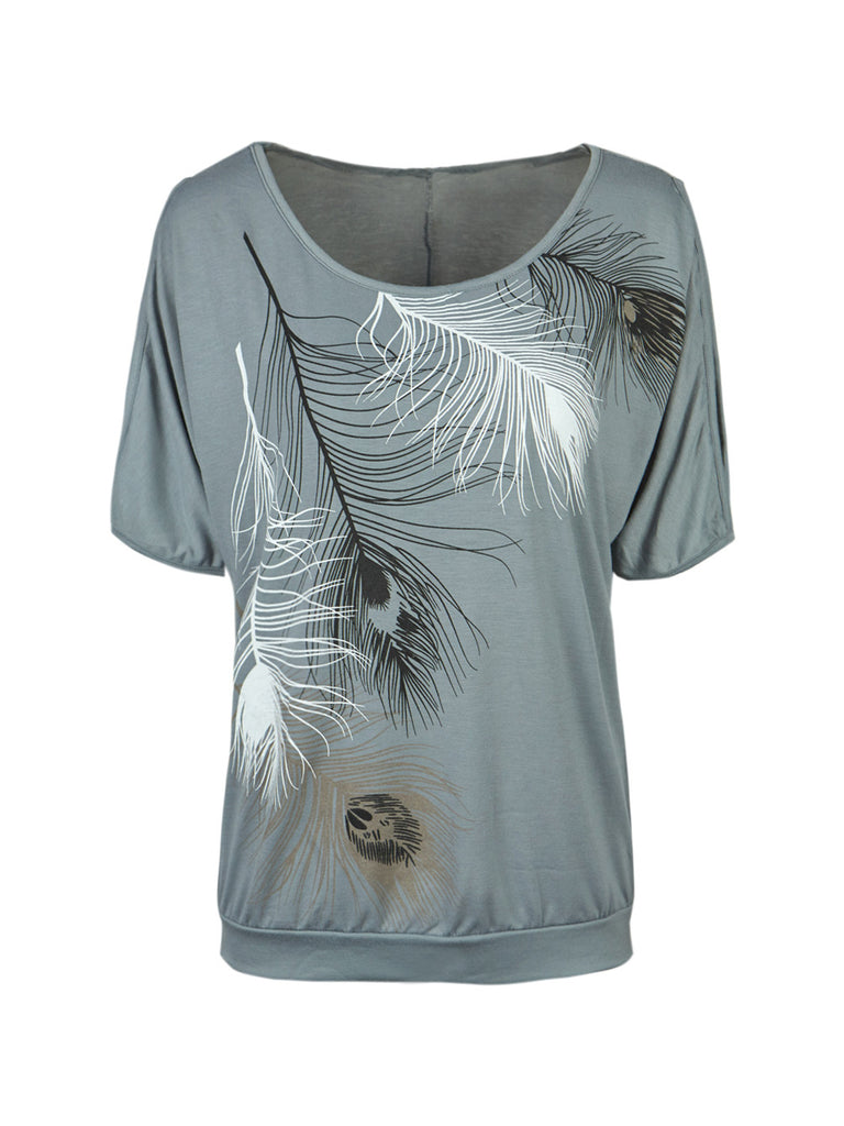 Slit Sleeve Feather Print Women Casual Tops