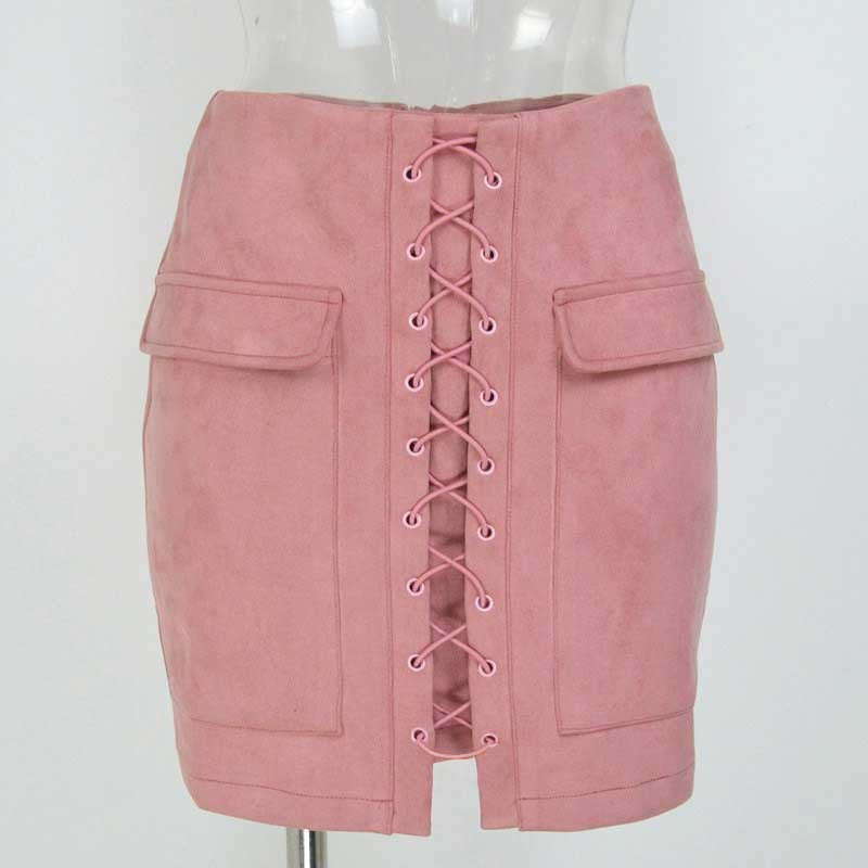 High Waist External Pocket Tight Suede Lace Up Mini Skirts