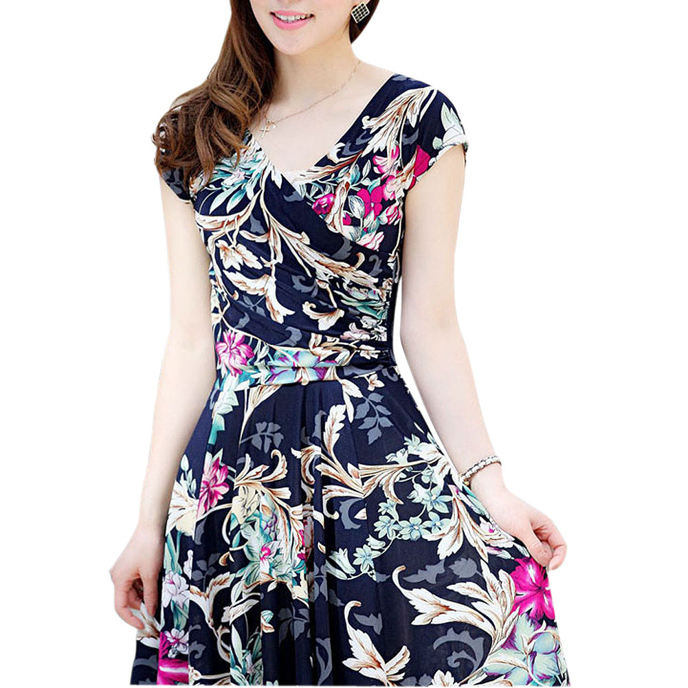Silk Short Sleeve V-Neck Floral Print Vintage Dresses