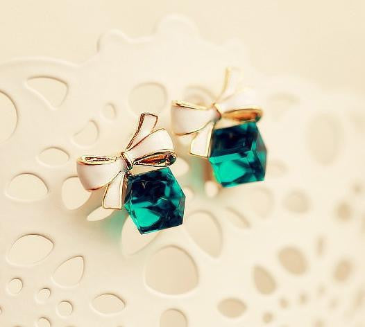 High Quality Gold Bow Cubic Crystal Earrings Blue Rhinestone