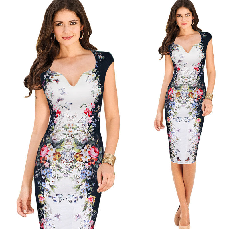 Floral Butterfly Print Charming Pinup Cap Sleeve Casual Party Bodycon Dresses