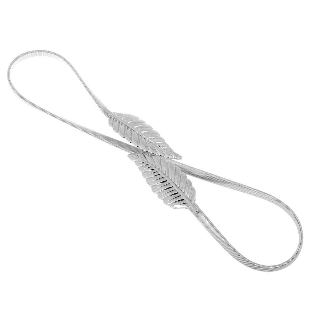 Leaf Design Clasp Front Stretch Metal Waist Gold Silver Belt For Women