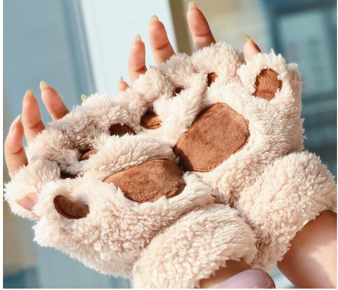 Winter Fingerless Cat Plush Gloves For Women
