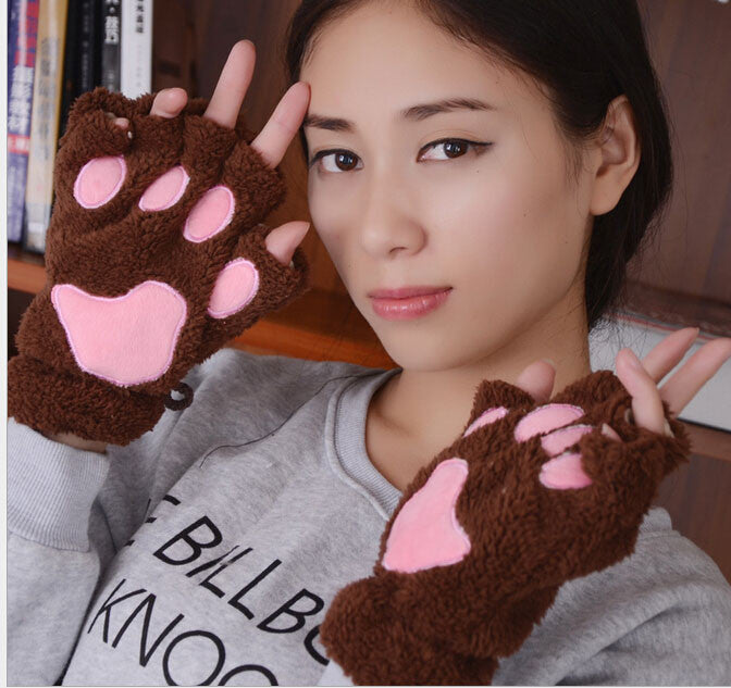 Winter Fingerless Cat Plush Gloves For Women