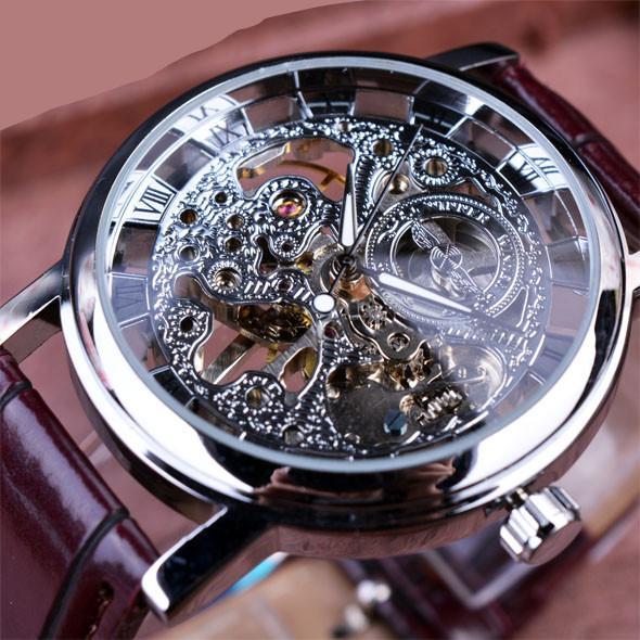 Royal Carving Skeleton Brown Leather Strap Transparent Thin Watch wm-m
