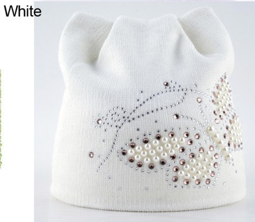 Winter Cat Pearls Butterfly Design Women Hats