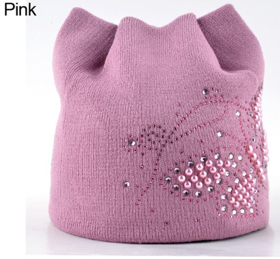 Winter Cat Pearls Butterfly Design Women Hats