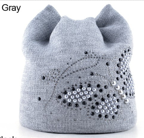 Winter Cat Pearls Butterfly Design Women Hats