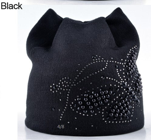 Winter Cat Pearls Butterfly Design Women Hats