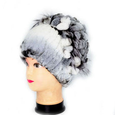 Real Rabbit Fur Women Hats Flower Pattern Knitted Design