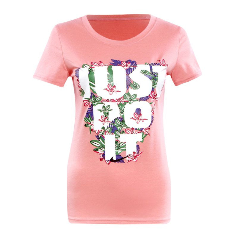 Short Sleeve Casual Printed Cotton White Pink Tee Tops
