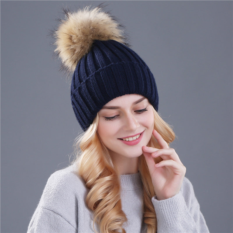 Fox Fur Ball Cap Pom Poms Winter Hats For Women