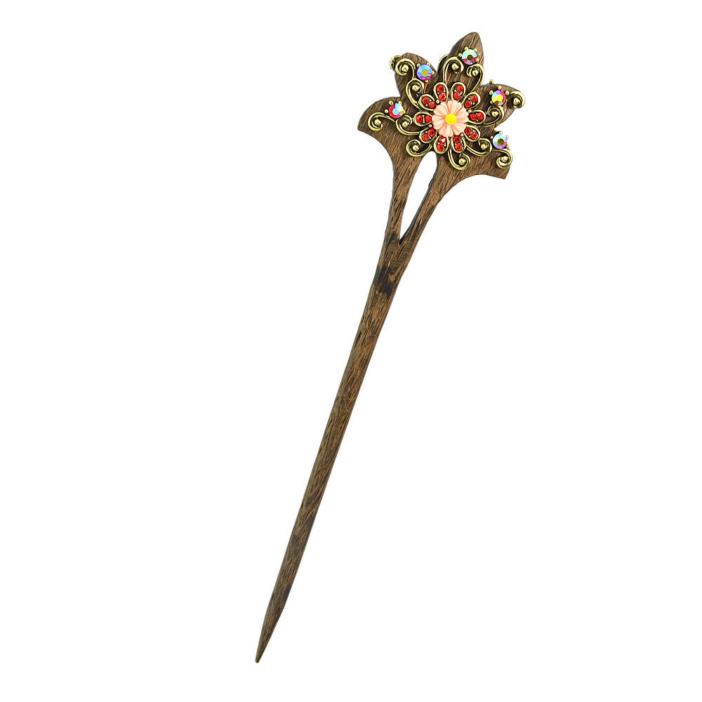 Vintage Style Wood With Colorful Rhinestone Hairpin