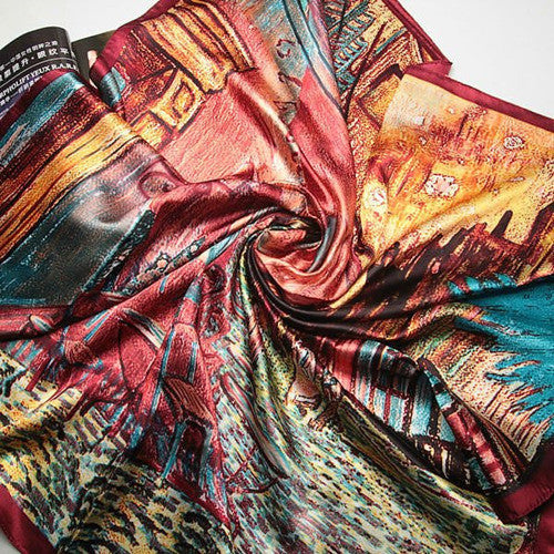 Vincent Van Oil Painting Coffee House Big Size Silk Scarves For Women