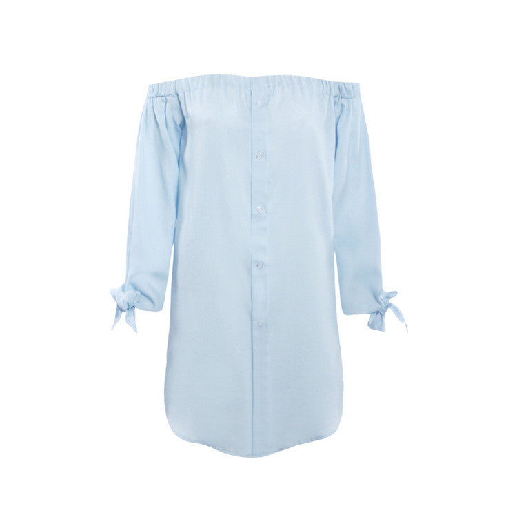 Off The Shoulder Bowknot Button Ruffle Jeans Shirt Dresses