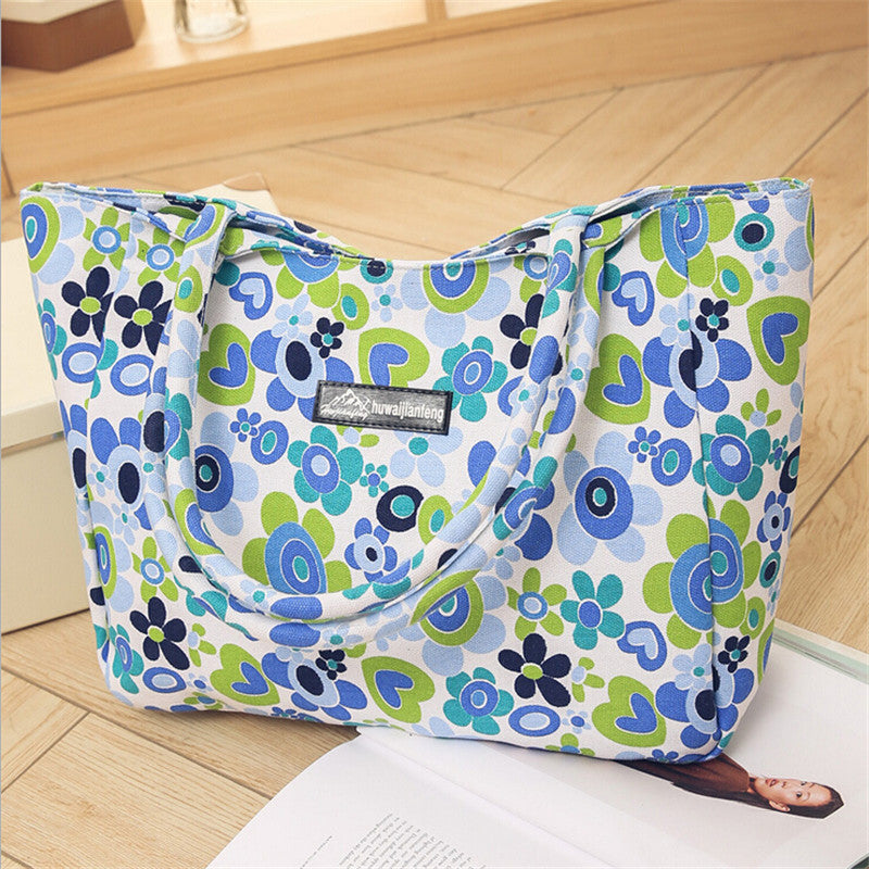 Floral Waterproof Canvas Casual Zipper Shopping Bag Large Tote