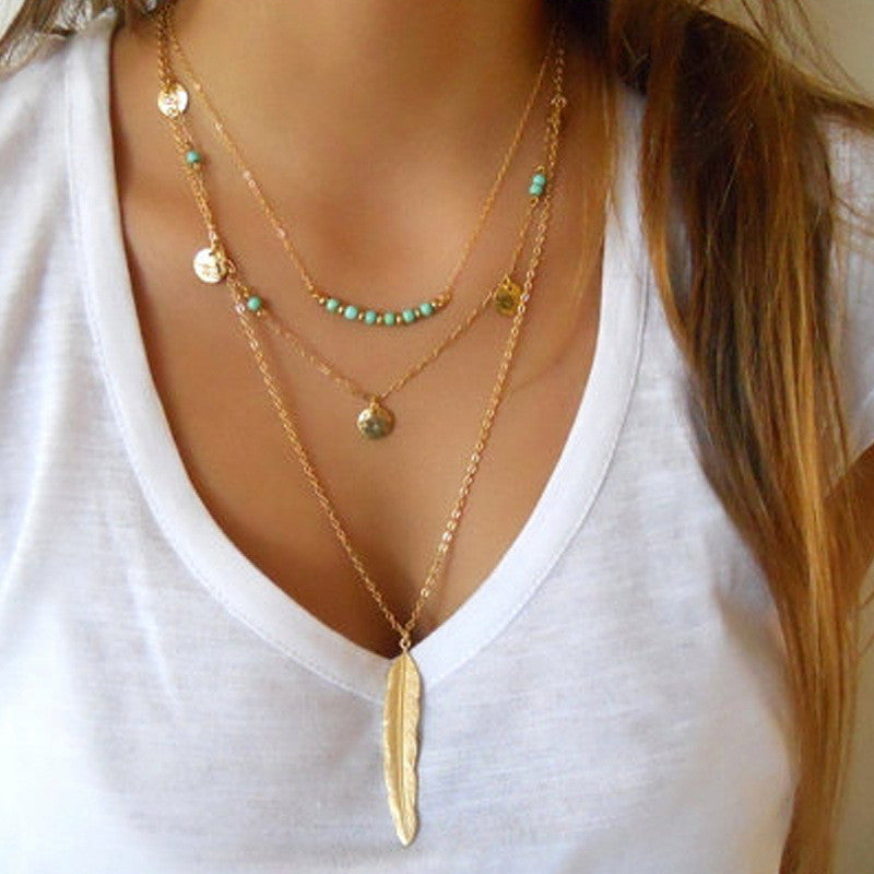 Chain Turquoise Necklaces Multi Layer Leaf Fashion