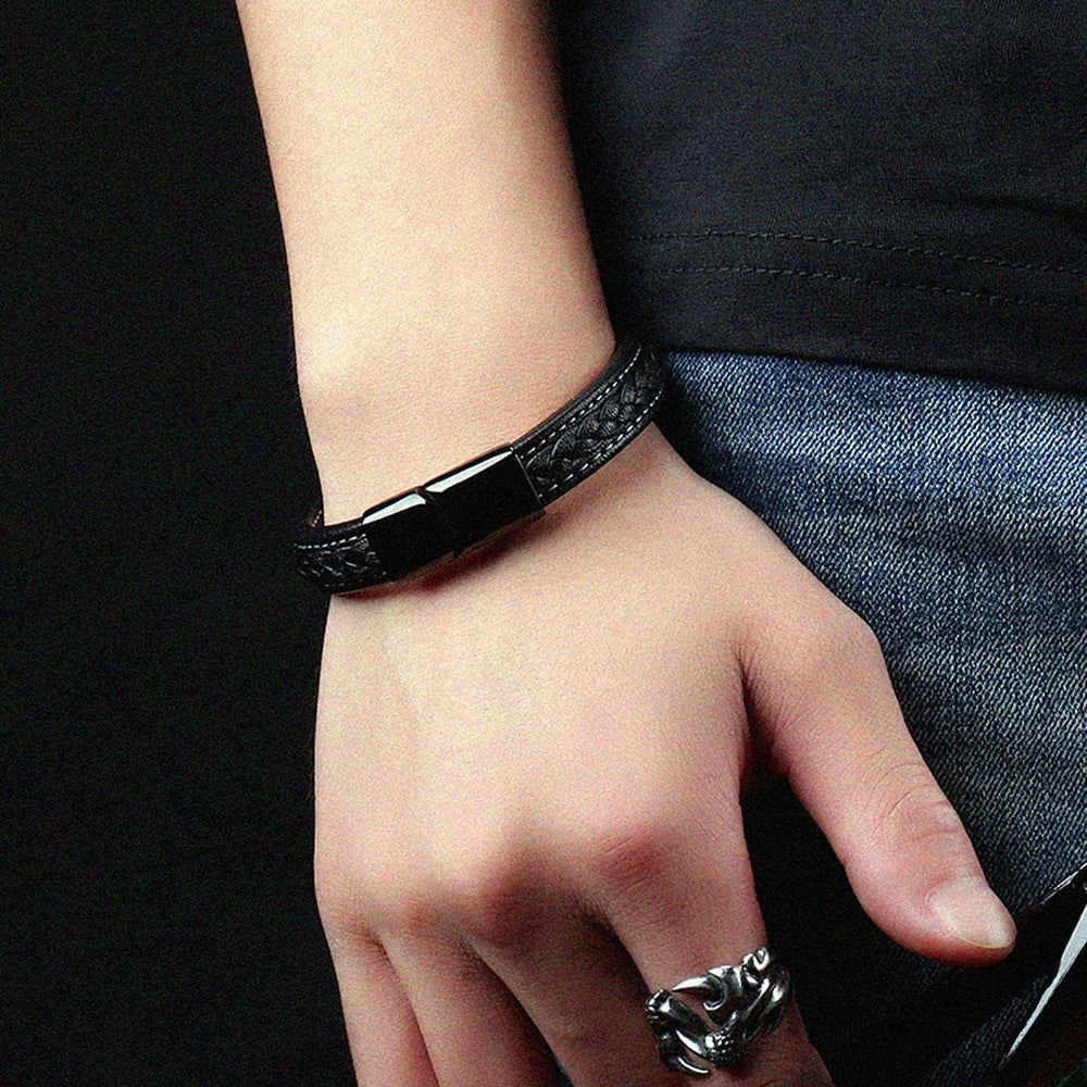 Black Titanium Leather Bracelets for Women & Men's Jewelry