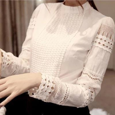 High Quality Long-Sleeved Hollow Lace Women Shirt Tops