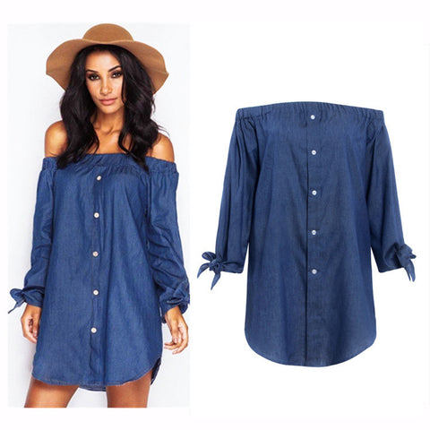 Off The Shoulder Bowknot Button Ruffle Jeans Shirt Dresses