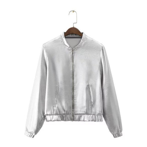 Metallic Silver Color Stand Long Sleeve Women Jacket
