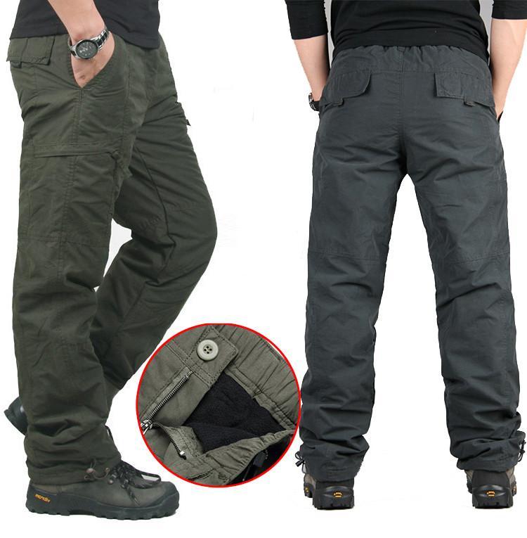 Double Layer Winter Thick Cargo Casual Pants for Men Baggy Cotton Trousers