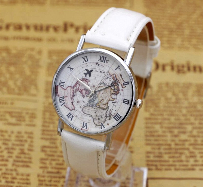 Vintage World Map Leather Strap Watch ww-d wm-q