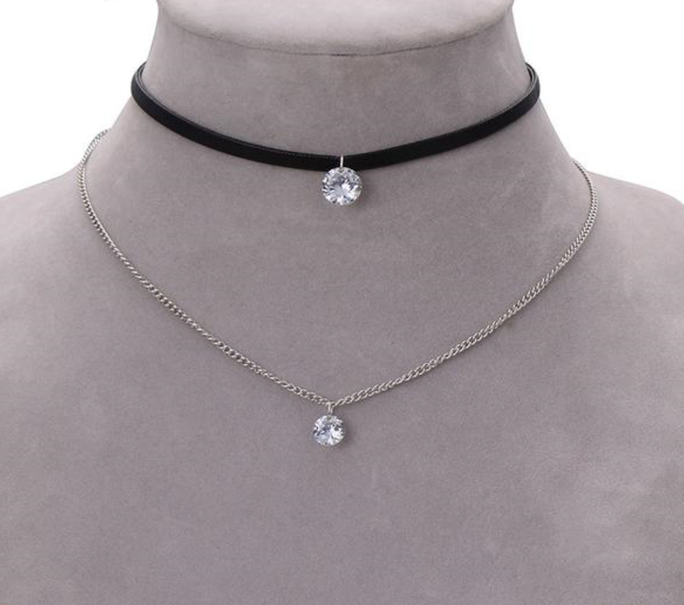 Trendy Leather Choker Necklaces With Crystal Charm Layer Pendants