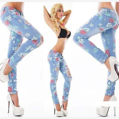 Floral Print Stretchable Ripped Jeans For Women