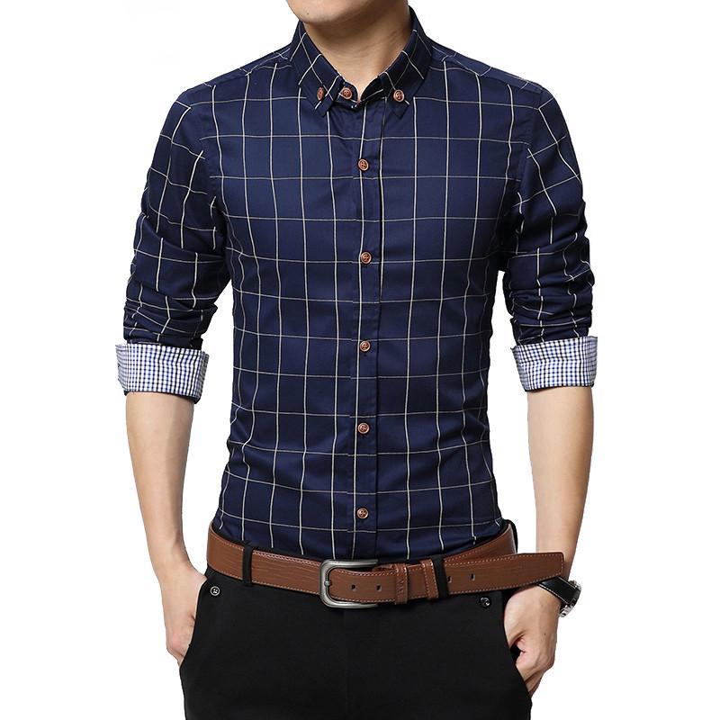 Slim Fit Plaid Cotton Casual Shirt for Men Social Plus Size M-5XL