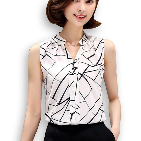 Summer Chiffon Printed Sleeveless White Shirt Tops