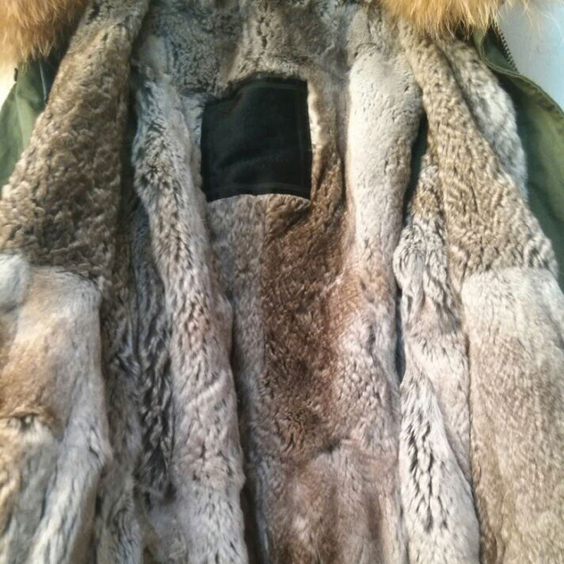 Real Rabbit Fur Lining Natural Color Raccoon Fur Long Jacket for Men