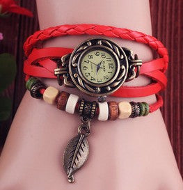 Leaf Tag Leather Wooden Bead Antique Watch ww-b