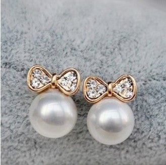 Gold Plated Butterfly Bow Knot Pearl Stud Earrings