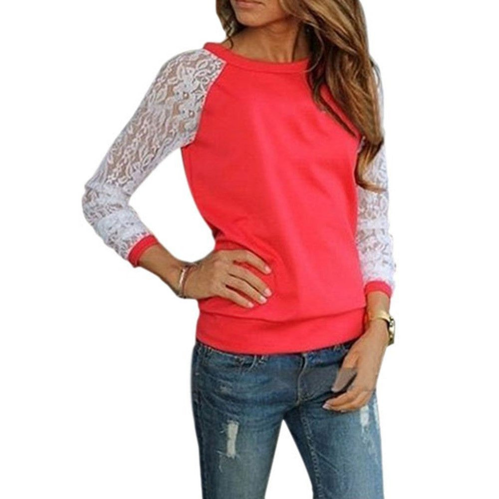 Fashion Women Long Sleeve Lace Casual Jumper Tops