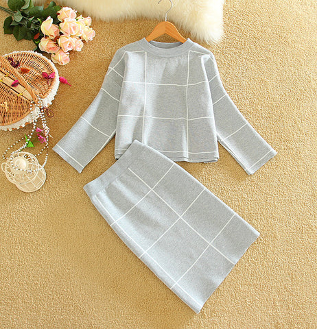 Knitted Tops+Skirts Sets Big Plaid Suits for Women in 3 Colors