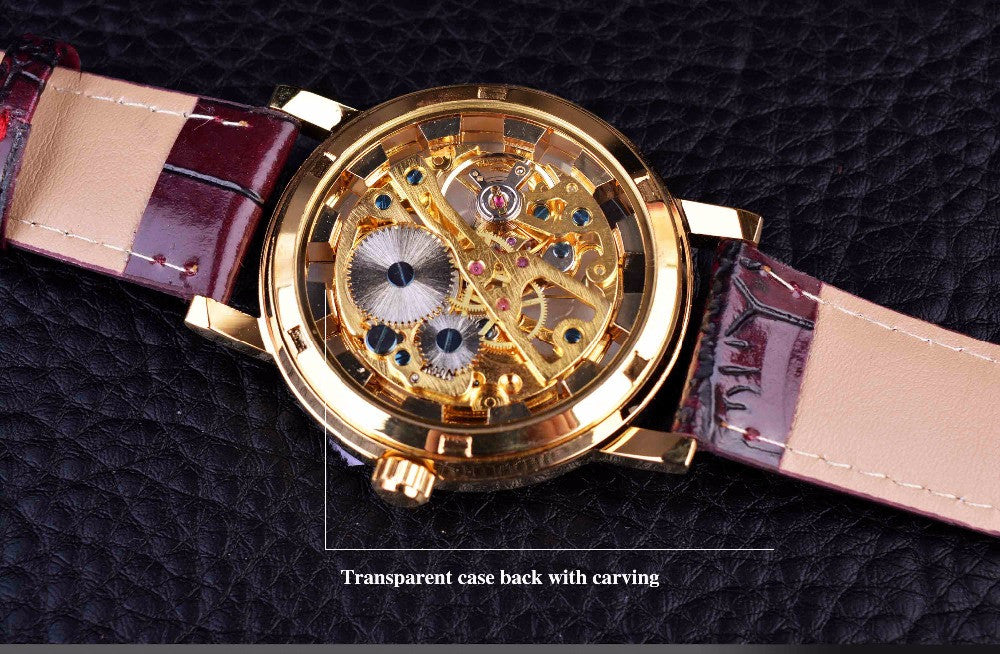 Royal Carving Skeleton Brown Leather Strap Transparent Thin Watch wm-m