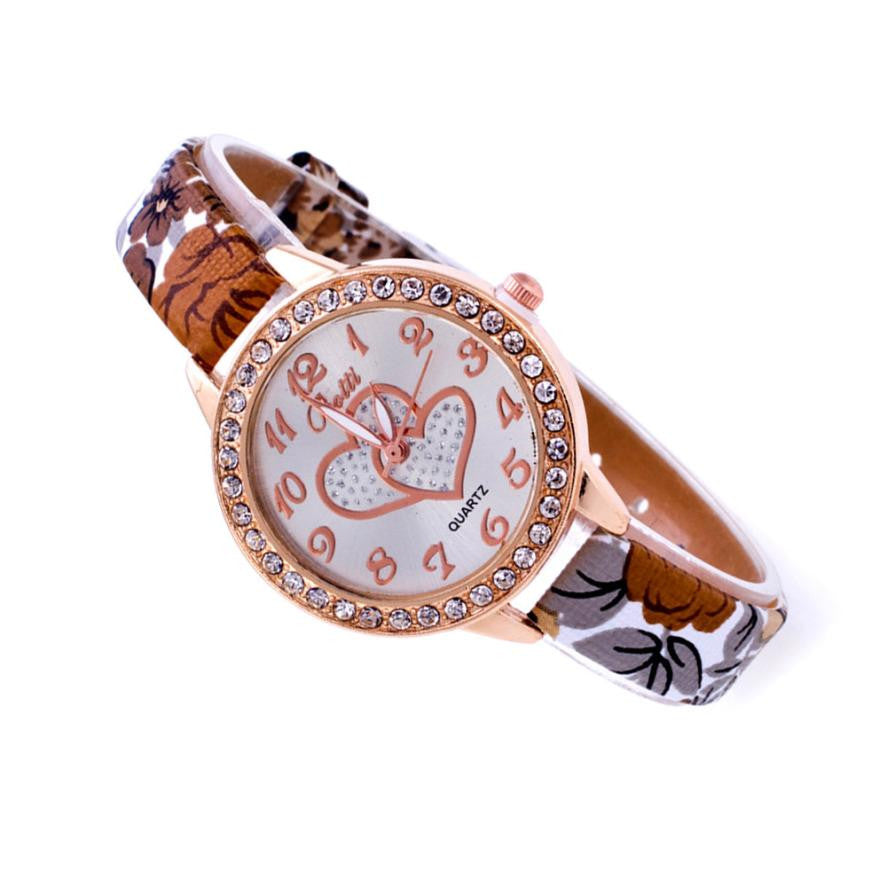 Loving Heart Dial Floral Print Leather Bracelet Women's Dress Watches WW-D