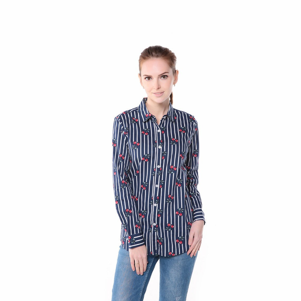 Floral Shirt Tops Casual Cherry Long Sleeve Ladies Fashion Clothing