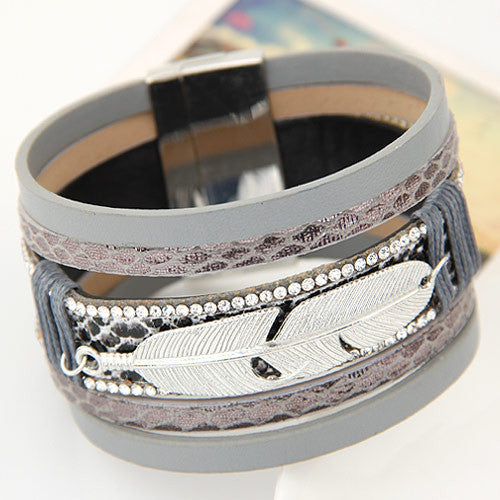 Feather Leaves Wide Magnetic Leather Multilayer Bracelets mj-