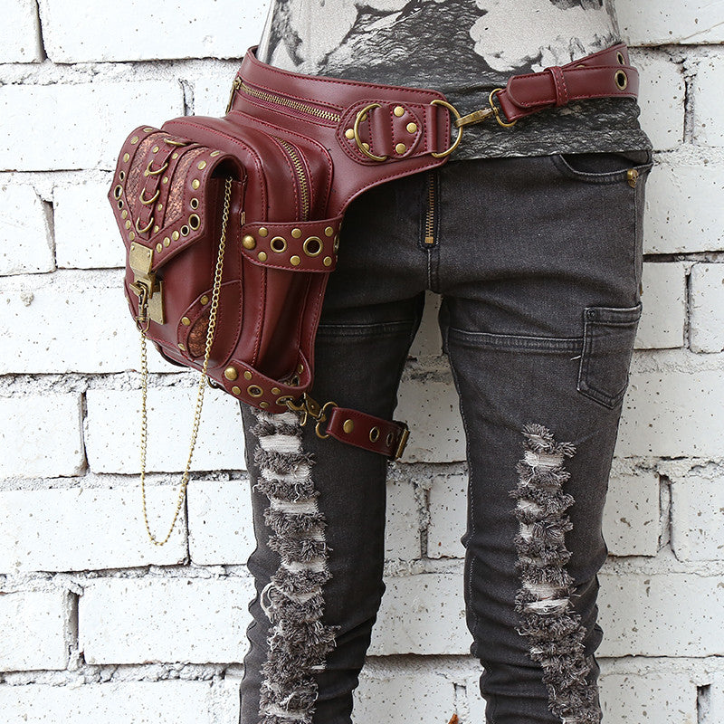 Personality Brown Leather Steampunk Mini Waistbag bw