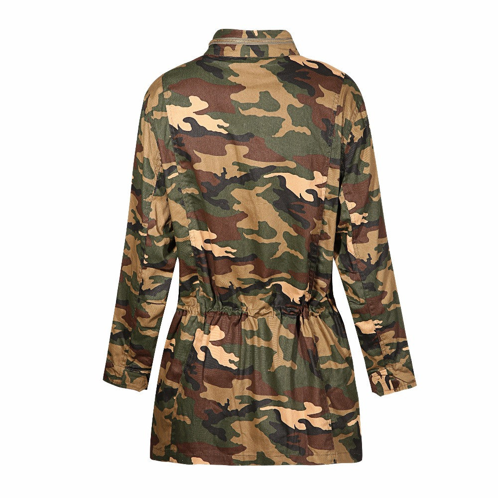 Loose Camouflage Coat Stand Collar Pocket Long Sleeve Women Jacket