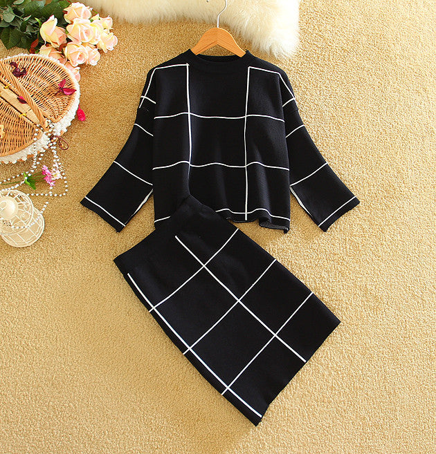 Knitted Tops+Skirts Sets Big Plaid Suits for Women in 3 Colors